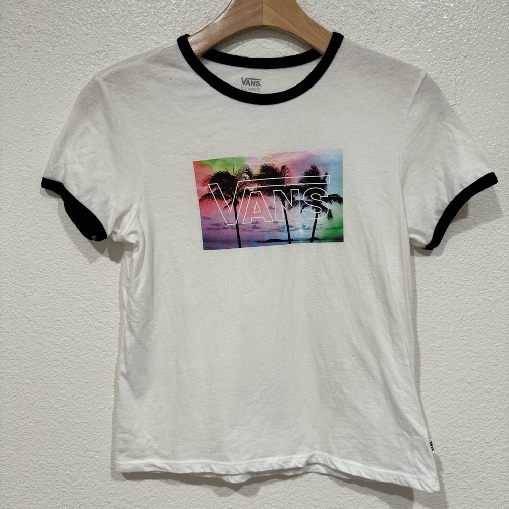 Kids Vans Girls White Black Rainbow Beach Palm Tree Logo Graphic T-Shirt XL 16